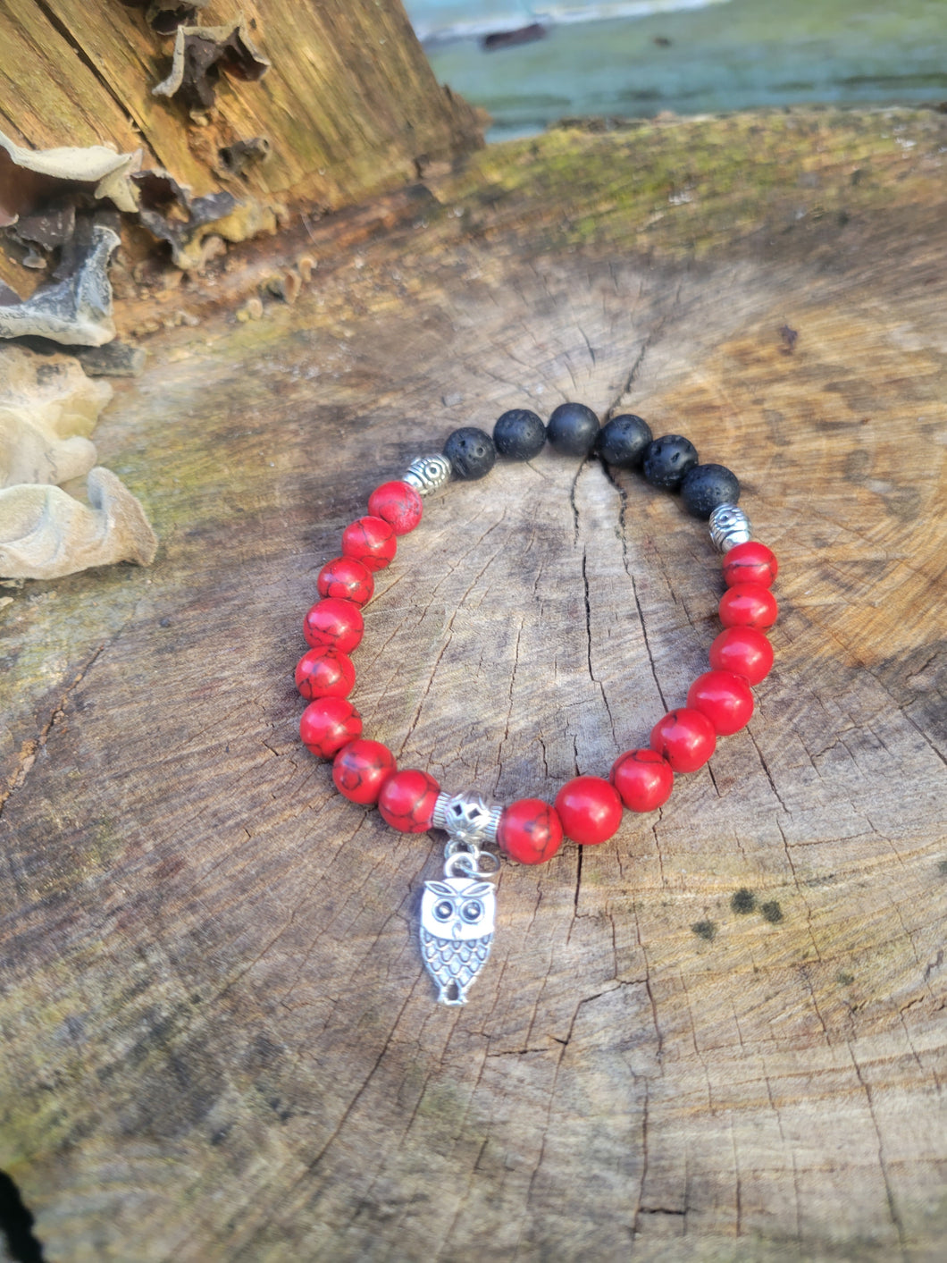 Red Turquoise/ Lava rock with Owl charm